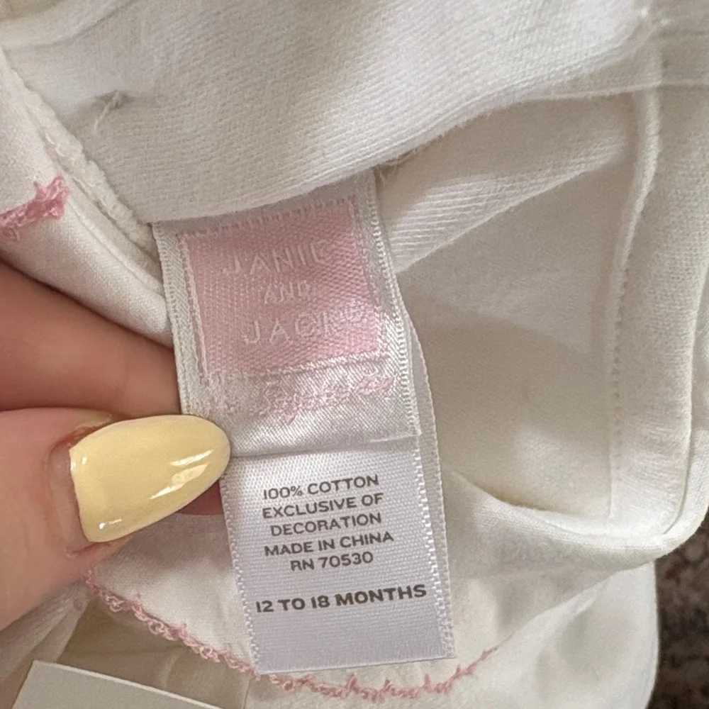 Janie and Jack White Smocked Cotton One-Piece with Pink Trim